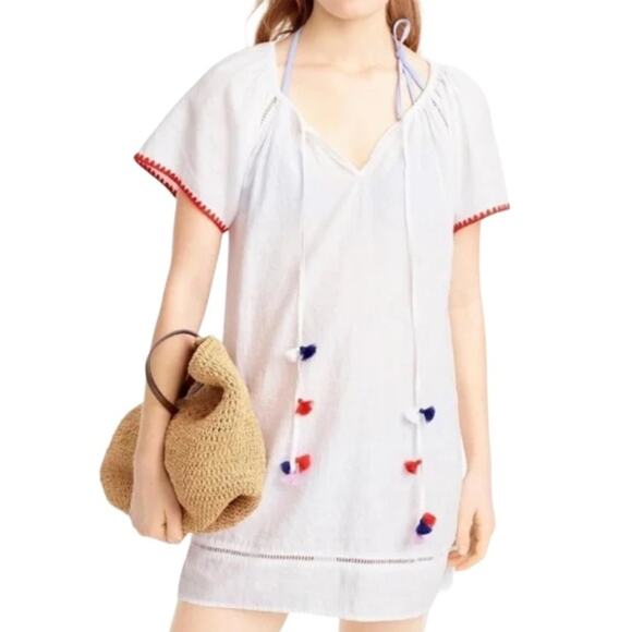 J. Crew Embroidered Linen Blend Cover Up Tunic with Pom Poms, Navy Blue Size M - Picture 3 of 8